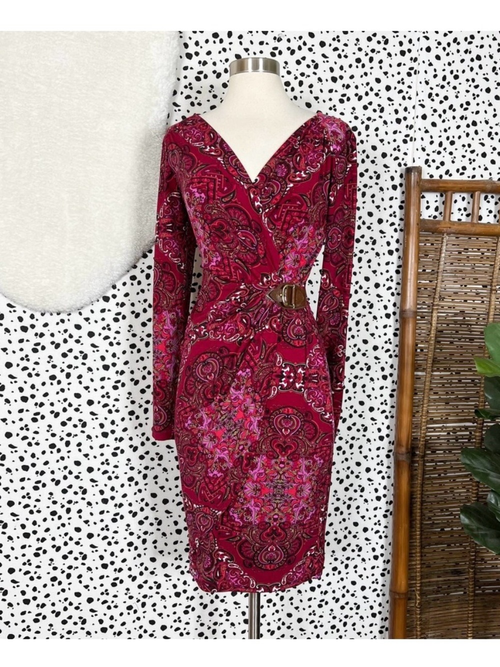 Cache | Vintage Berry Pink Paisley Print Long Sleeve Faux Wrap Buckle Dress S